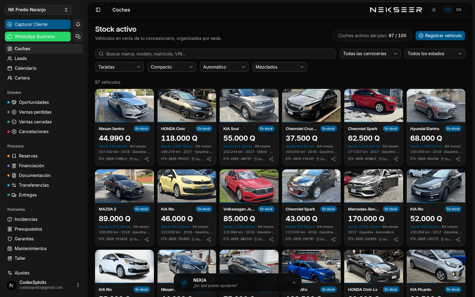 Panel de nekseer mostrando el stock activo de un concesionario